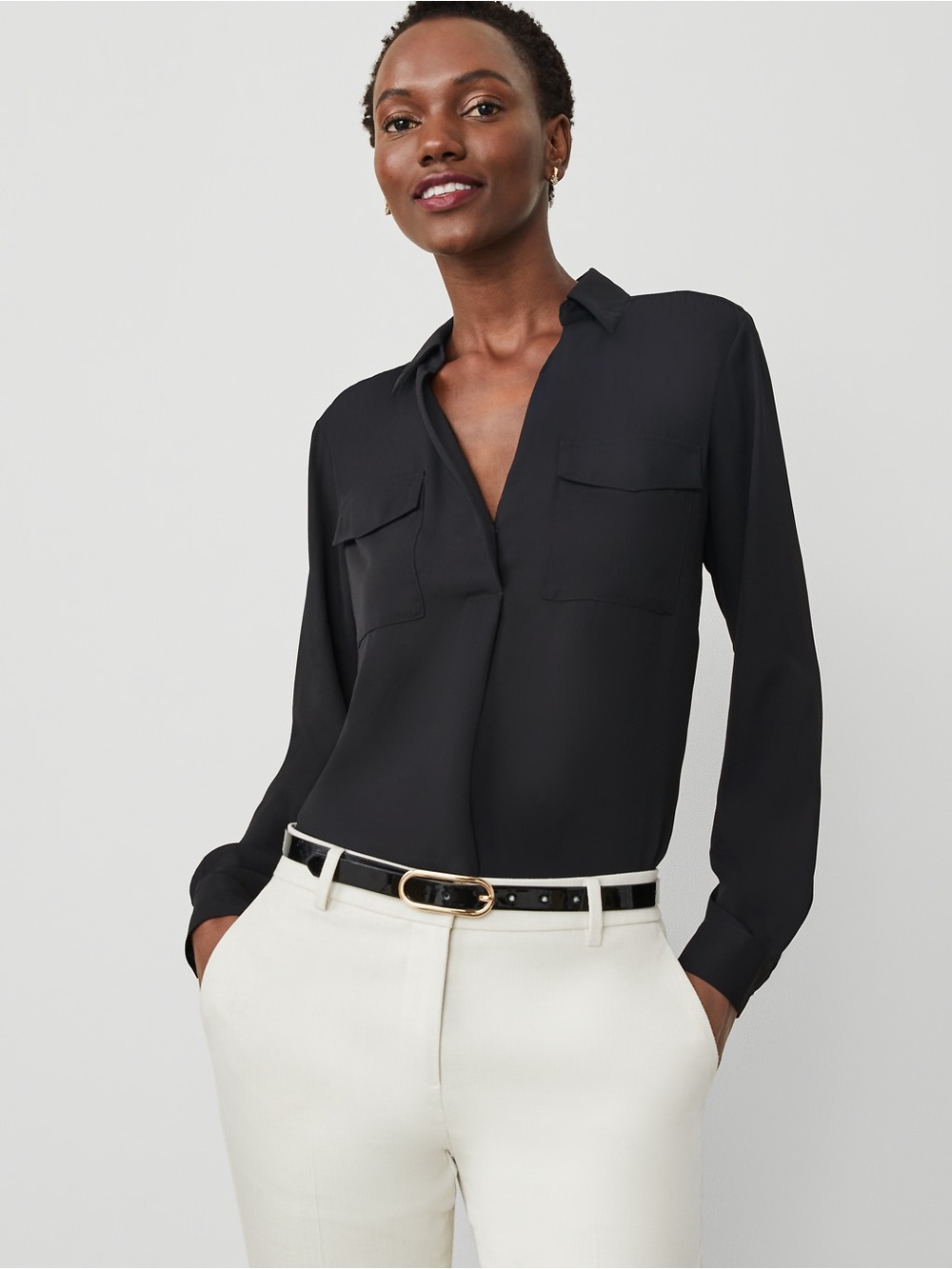 Ann Taylor Black Long-Sleeve V-Neck Button-Front Blouse